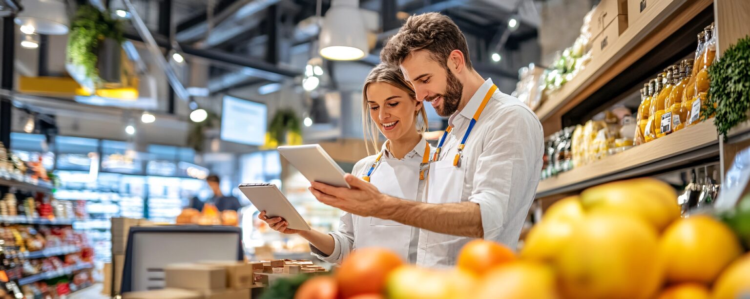 I dipendenti dei negozi di alimentari utilizzano un tablet per controllare le scorte