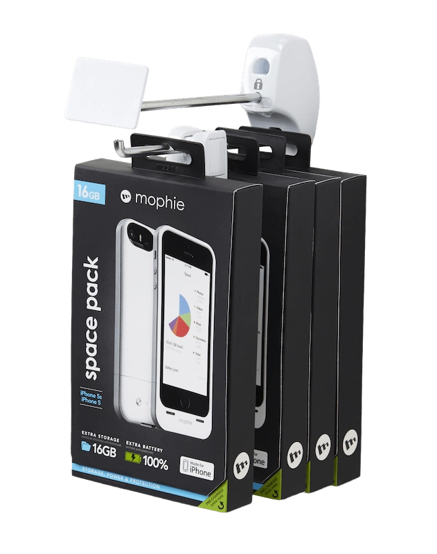 Scatola porta accessori per telefono appesa a un gancio InVue .