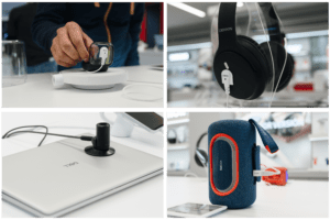 Cuffie, auricolari, laptop, piccoli dispositivi elettronici, altoparlanti fissati ed esposti da InVue 'S Zips soluzione di sicurezza.