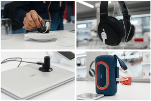 Cuffie, auricolari, laptop, piccoli dispositivi elettronici, altoparlanti fissati ed esposti da InVue 'S Zips soluzione di sicurezza.