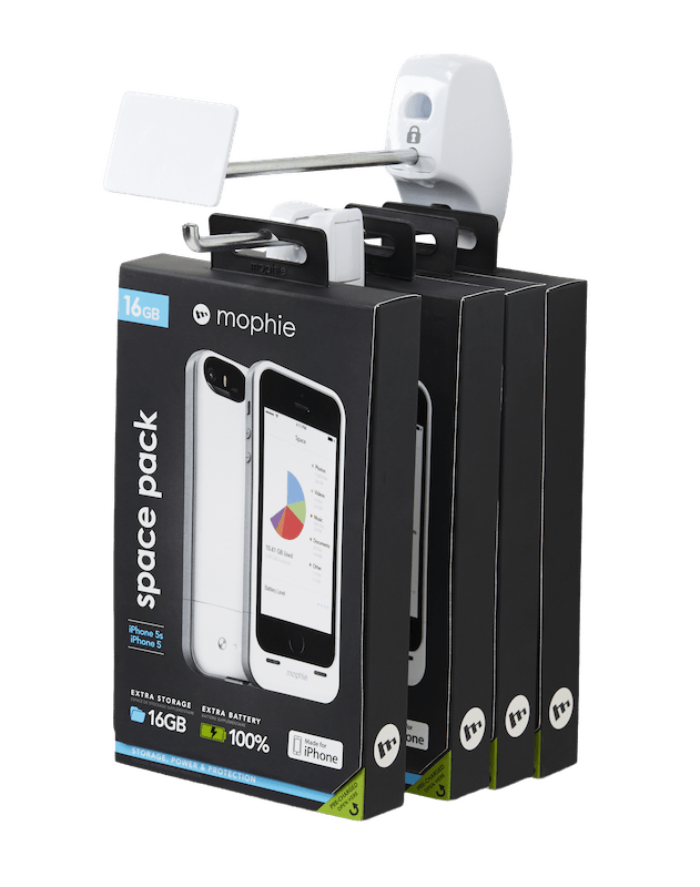Scatola porta accessori per telefono appesa a un gancio InVue .