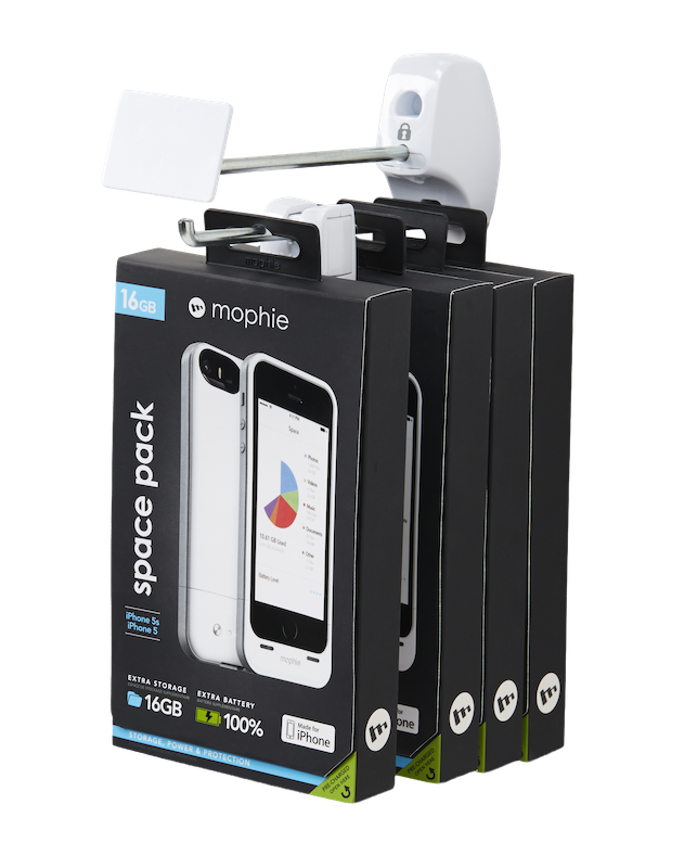 Scatola porta accessori per telefono appesa a un gancio InVue .