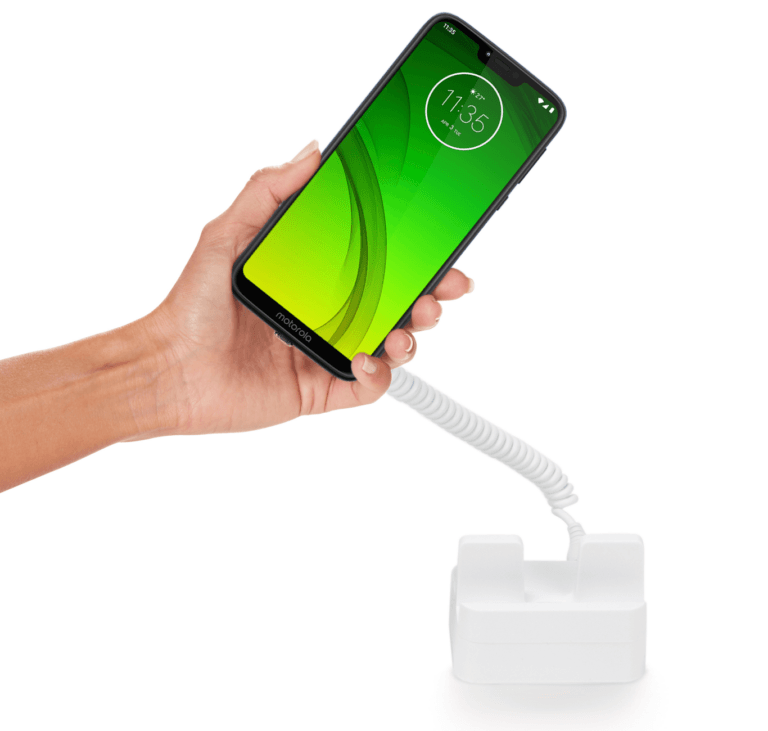 Telefono nero con schermo verde collegato a un display bianco sicuro