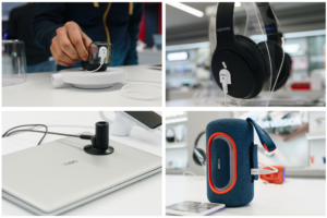 Cuffie, auricolari, laptop, piccoli dispositivi elettronici, altoparlanti fissati ed esposti da InVue 'S Zips soluzione di sicurezza.