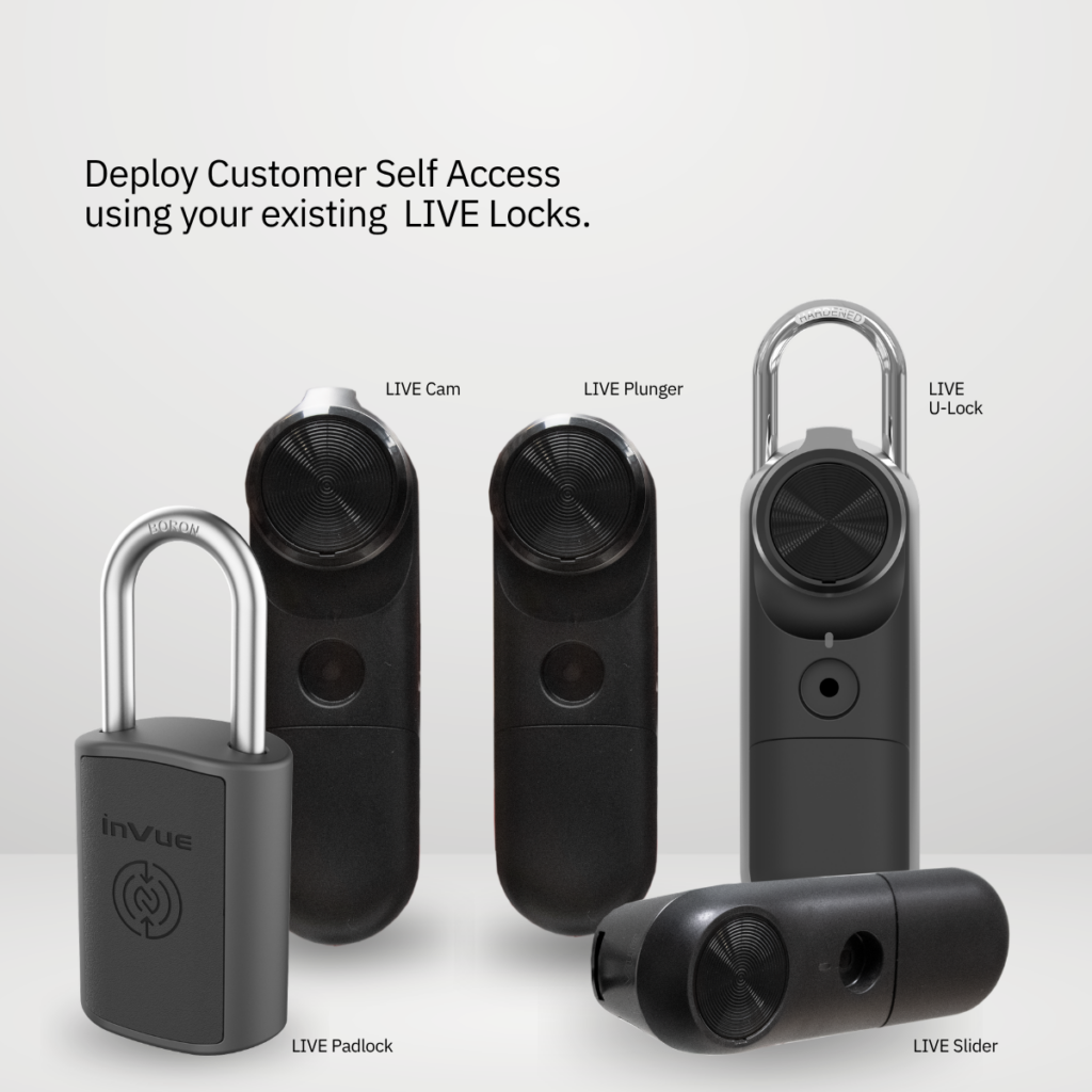 InVue LIVE Gamma di serrature compatibili con il sistema “Customer Self-Access”, tra cui: LIVE Cam, LIVE Plunger, LIVE U-Lock , LIVE Padlock e LIVE Slider
